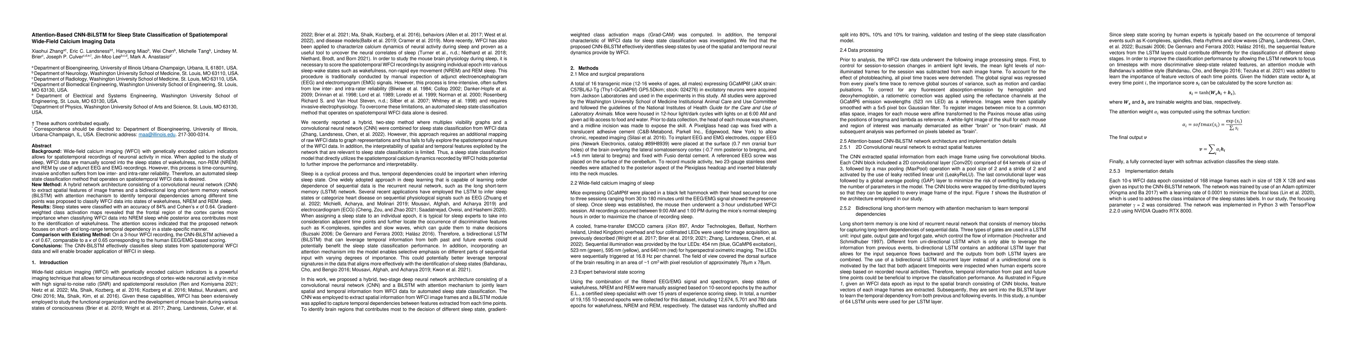 Thumbnail for Attention-Based CNN-BiLSTM for Sleep State Classification of
  Spatiotemporal Wide-Field Calcium Imaging Data