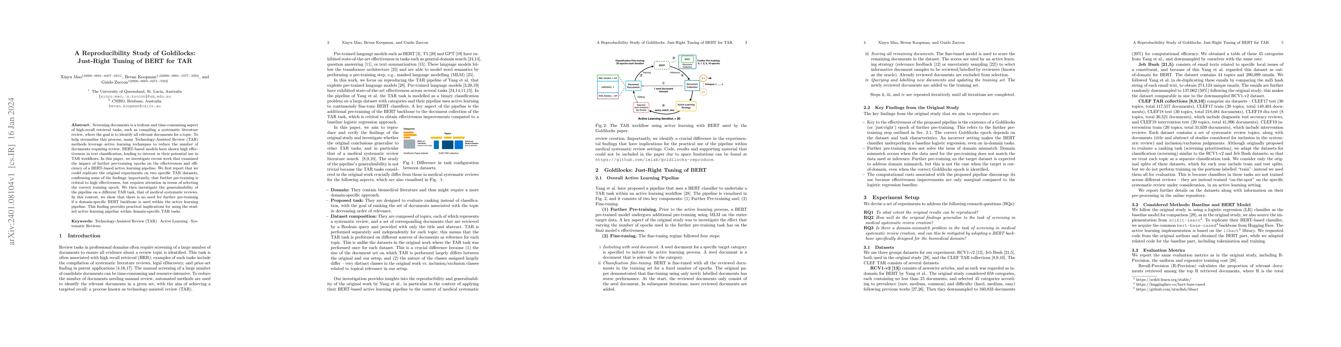Thumbnail for A Reproducibility Study of Goldilocks: Just-Right Tuning of BERT for TAR