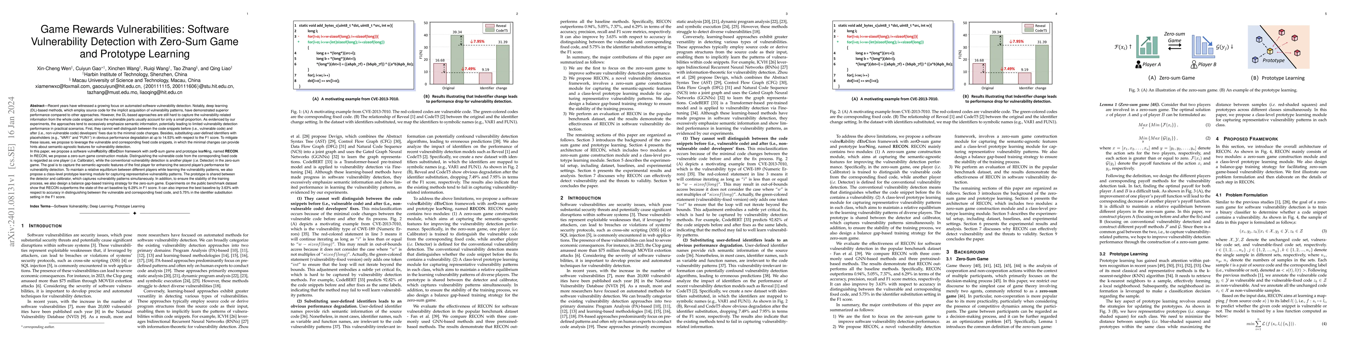 Thumbnail for Game Rewards Vulnerabilities: Software Vulnerability Detection with
  Zero-Sum Game and Prototype Learning