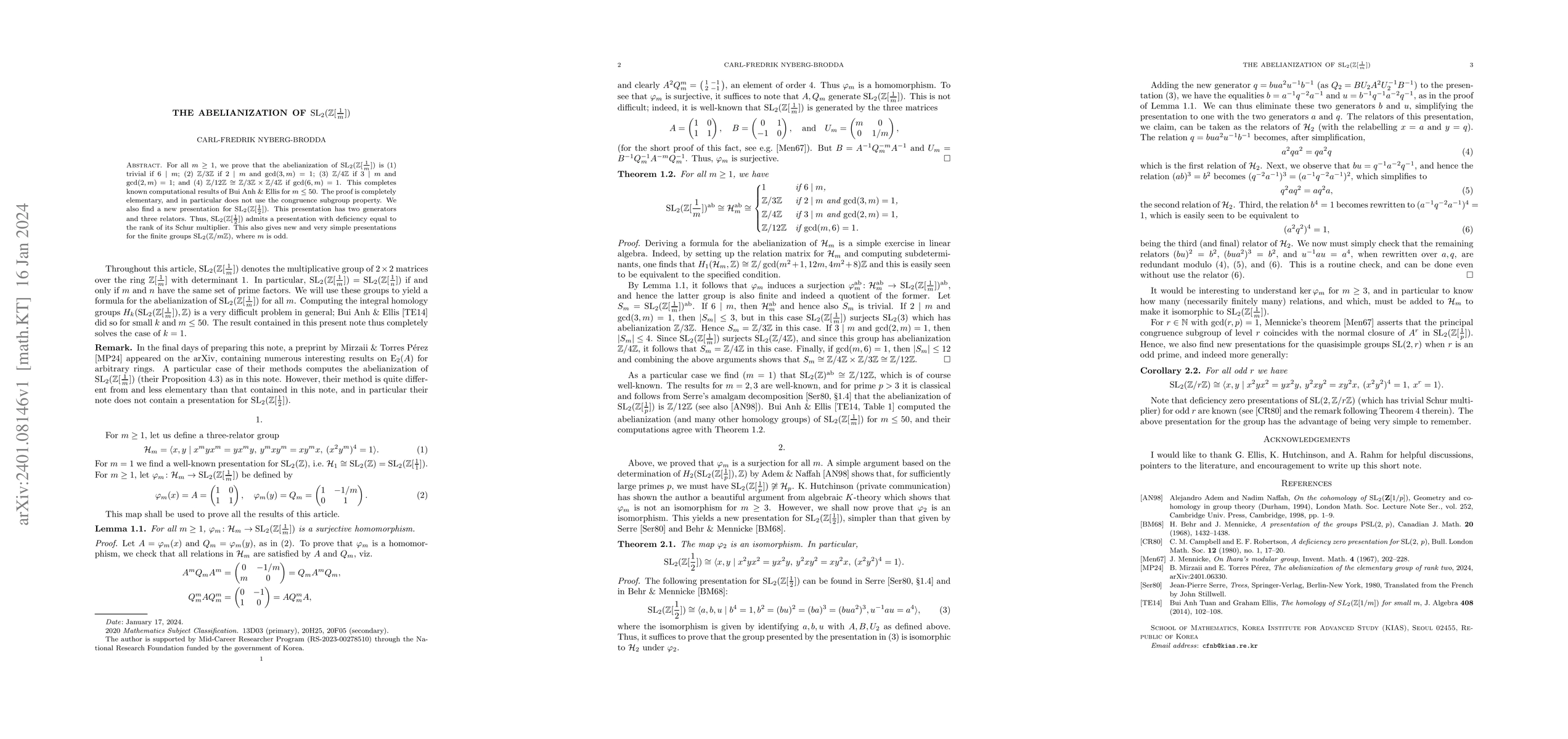 Thumbnail for The abelianization of $\operatorname{SL}_2(\mathbb{Z}[\frac{1}{m}])$