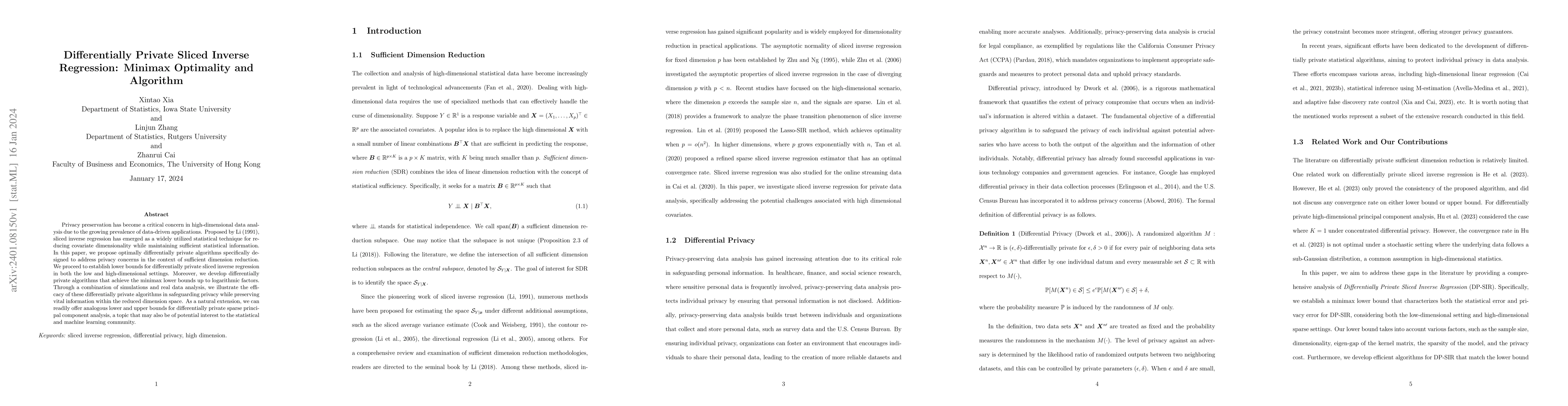 Thumbnail for Differentially Private Sliced Inverse Regression: Minimax Optimality and
  Algorithm