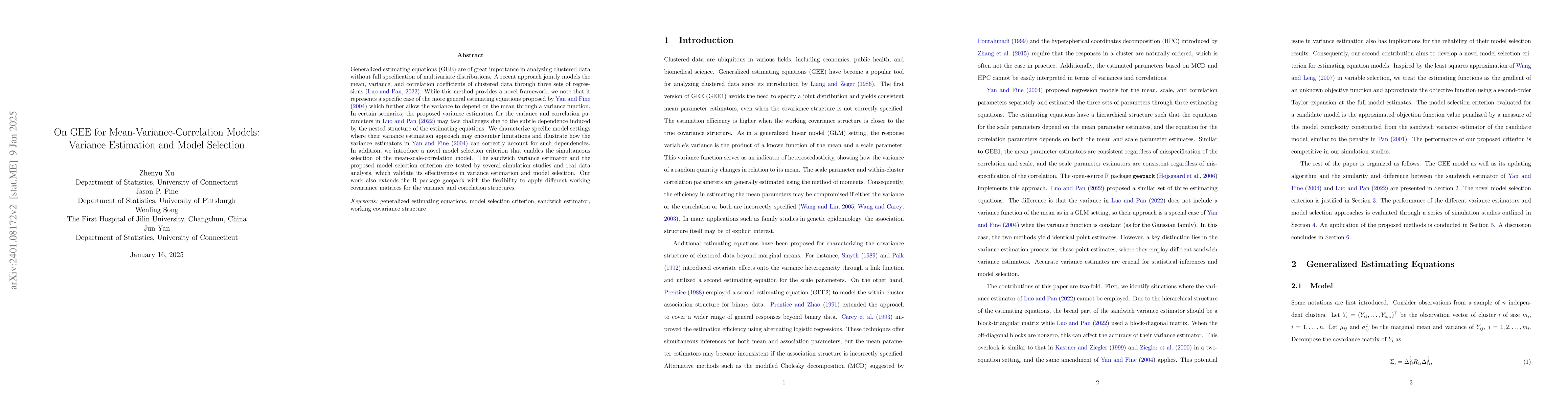 Thumbnail for On GEE for Mean-Variance-Correlation Models: Variance Estimation and
  Model Selection
