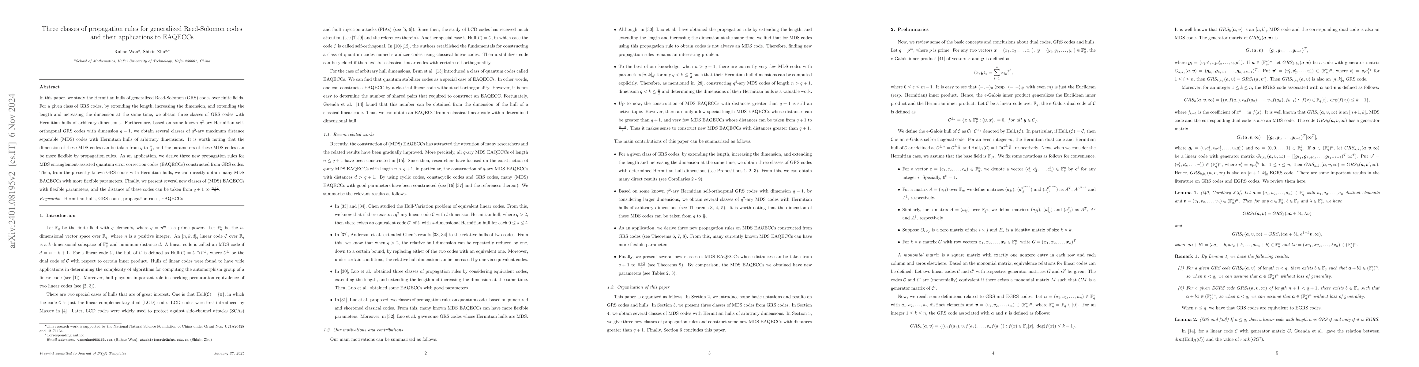 Thumbnail for Three classes of propagation rules for GRS and EGRS codes and their
  applications to EAQECCs