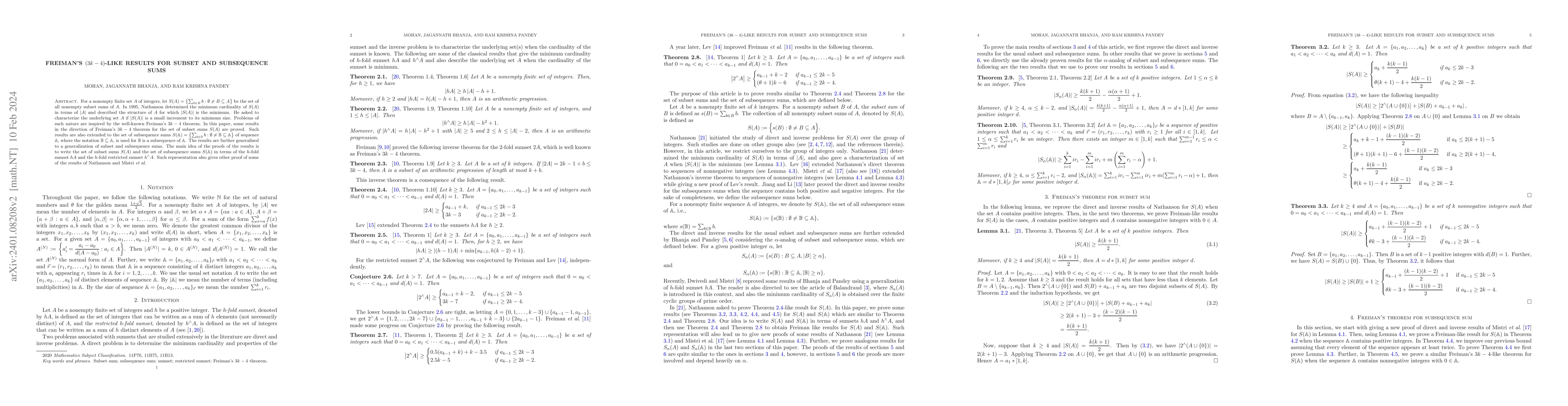 Thumbnail for Freiman's $(3k-4)$-like results for subset and subsequence sums