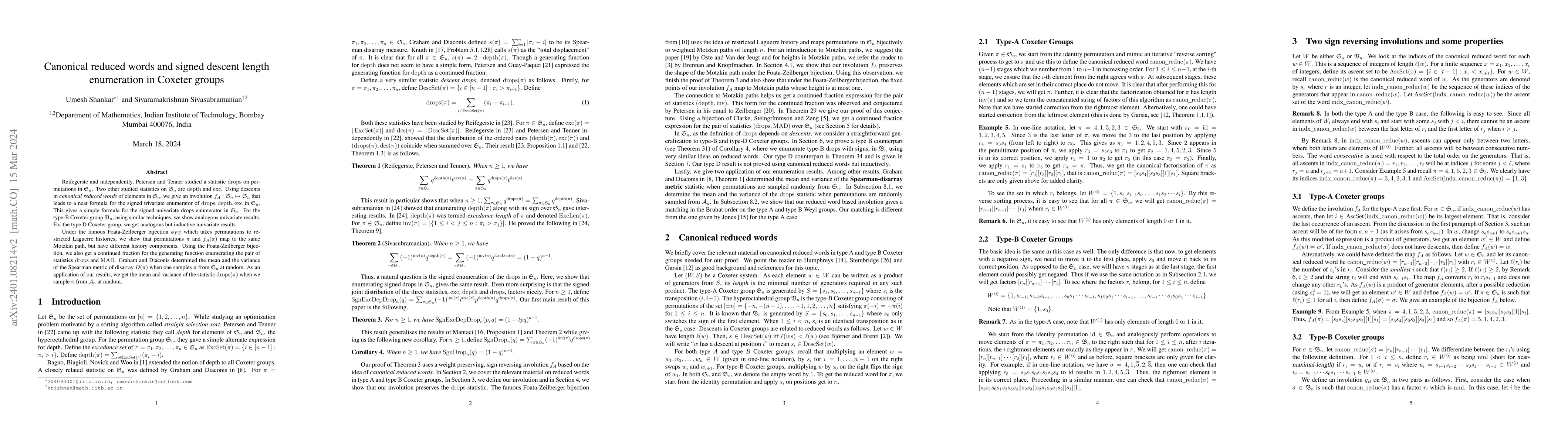 Thumbnail for Canonical reduced words and signed descent length enumeration in Coxeter
  groups