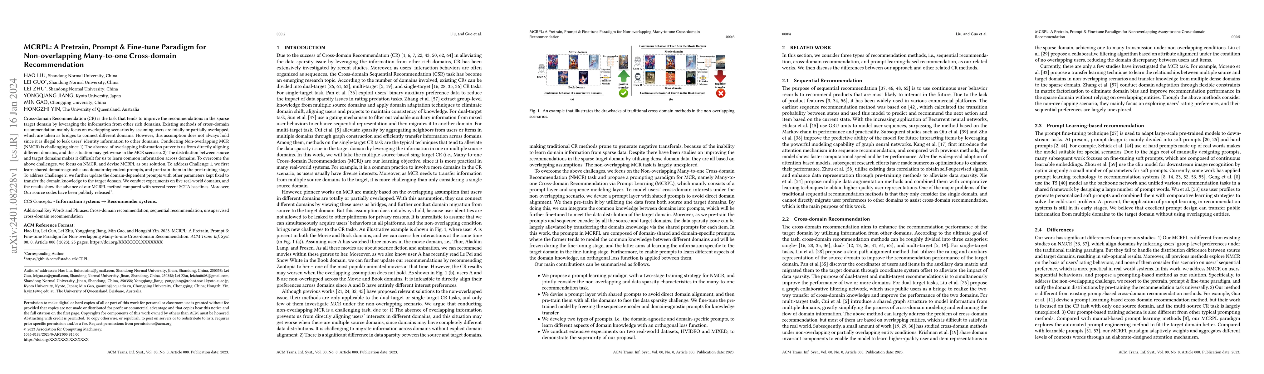 Thumbnail for MCRPL: A Pretrain, Prompt & Fine-tune Paradigm for Non-overlapping
  Many-to-one Cross-domain Recommendation