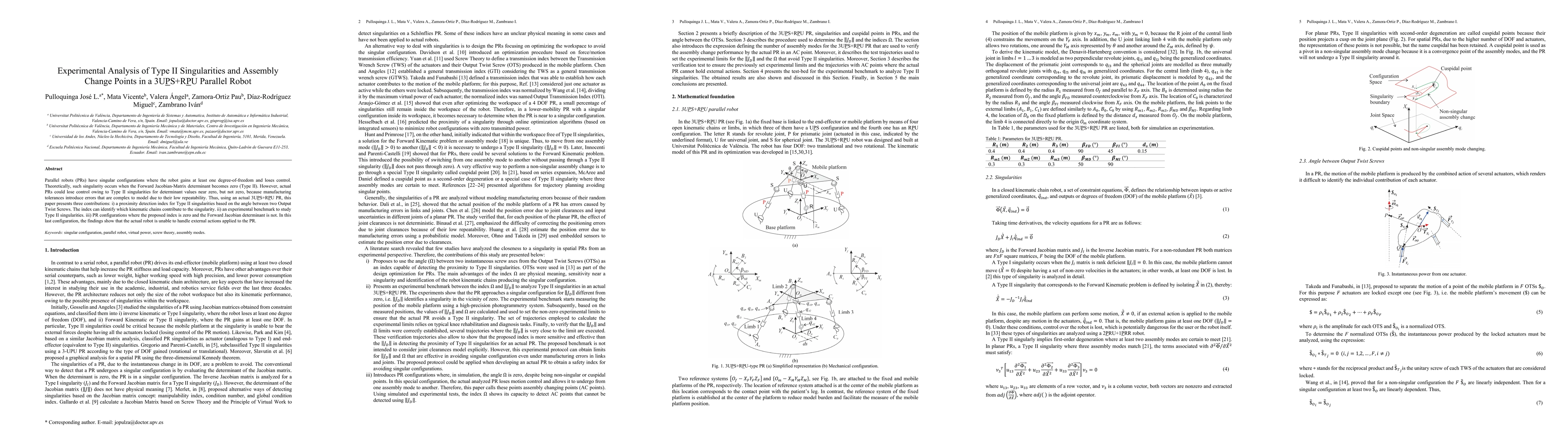 Thumbnail for Experimental Analysis of Type II Singularities and Assembly Change
  Points in a 3UPS+RPU Parallel Robot