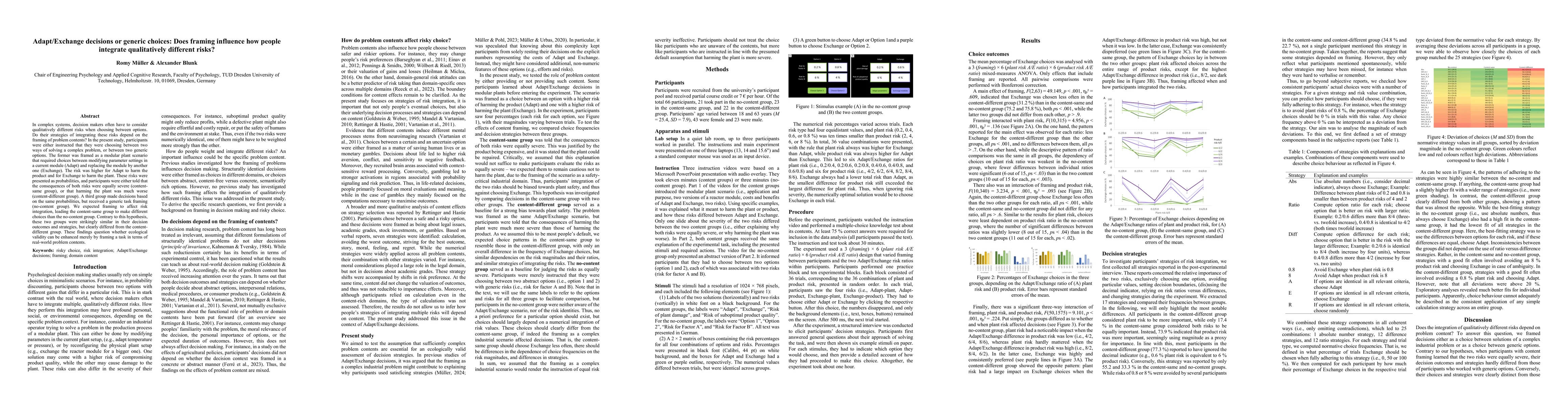 Thumbnail for Adapt/Exchange decisions or generic choices: Does framing influence how
  people integrate qualitatively different risks?