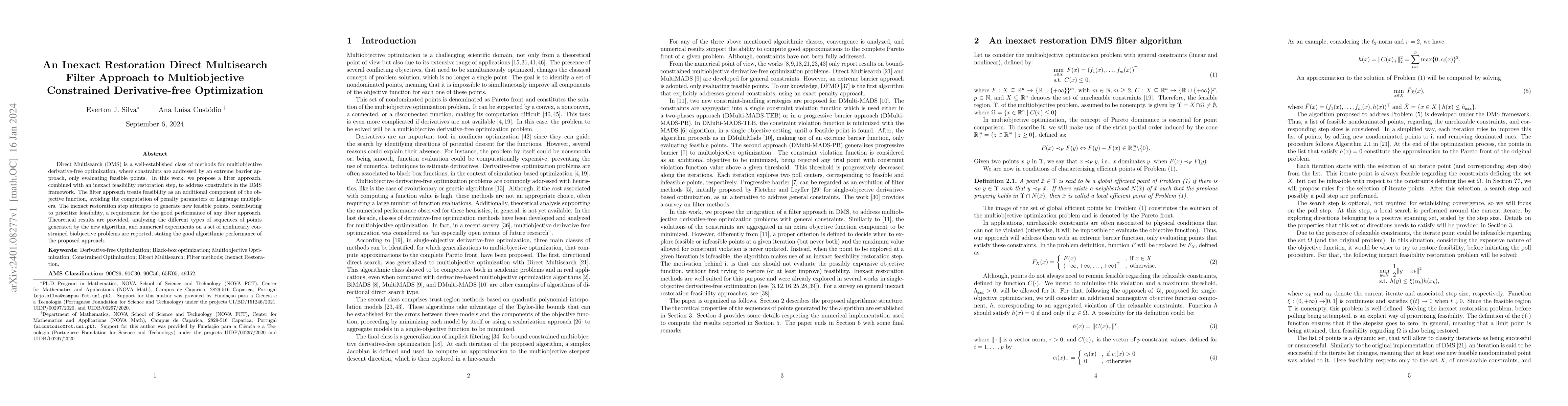 Thumbnail for An Inexact Restoration Direct Multisearch Filter Approach to
  Multiobjective Constrained Derivative-free Optimization
