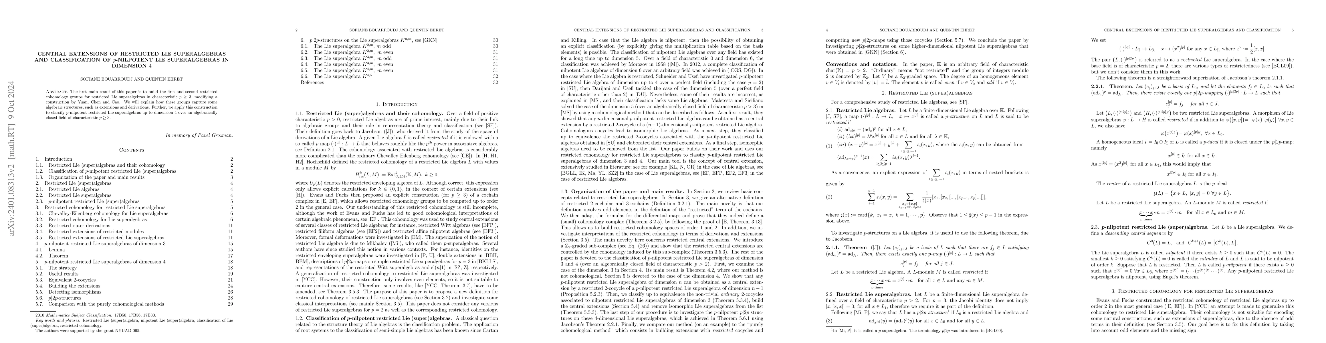 Thumbnail for Central extensions of restricted Lie superalgebras and classification of
  $p$-nilpotent Lie superalgebras in dimension $4$
