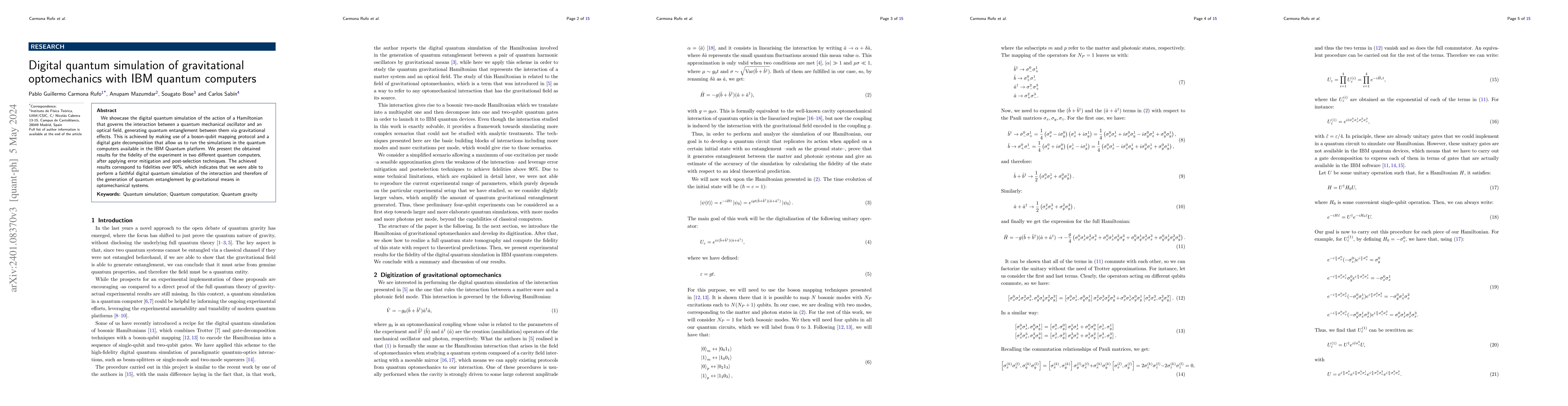 Thumbnail for Digital quantum simulation of gravitational optomechanics with IBM
  quantum computers