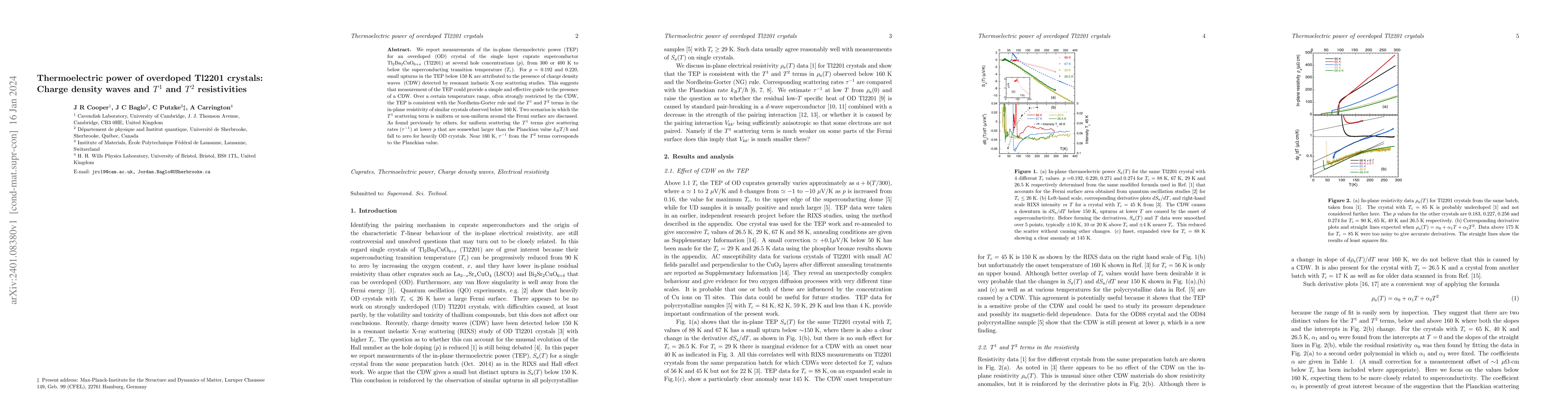 Thumbnail for Thermoelectric power of overdoped Tl2201 crystals: Charge density waves
  and $T^1$ and $T^2$ resistivities