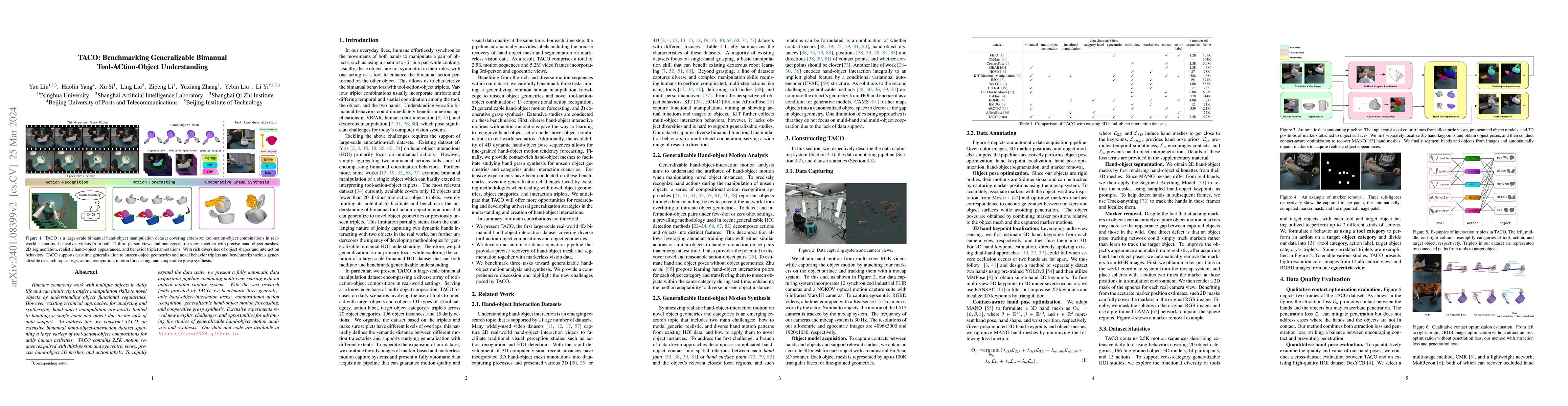 Thumbnail for TACO: Benchmarking Generalizable Bimanual Tool-ACtion-Object
  Understanding