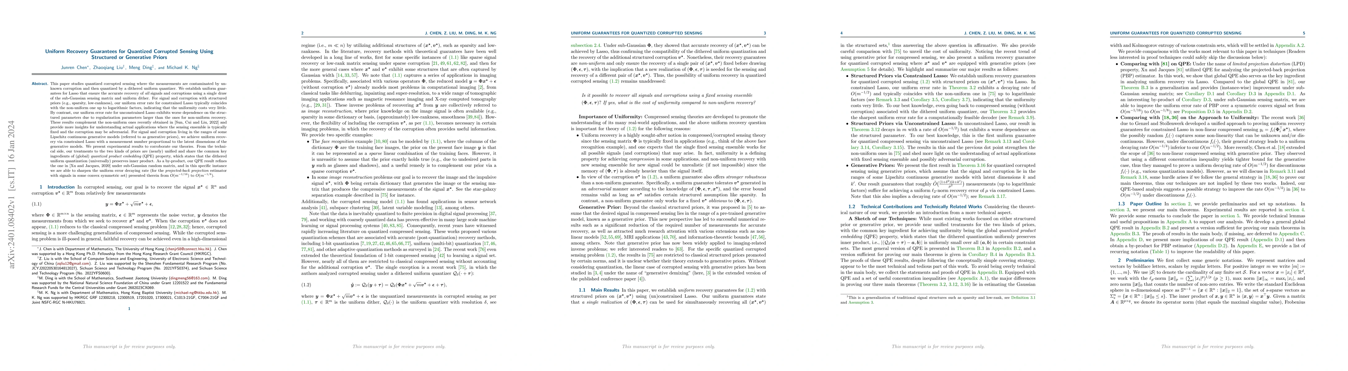Thumbnail for Uniform Recovery Guarantees for Quantized Corrupted Sensing Using
  Structured or Generative Priors