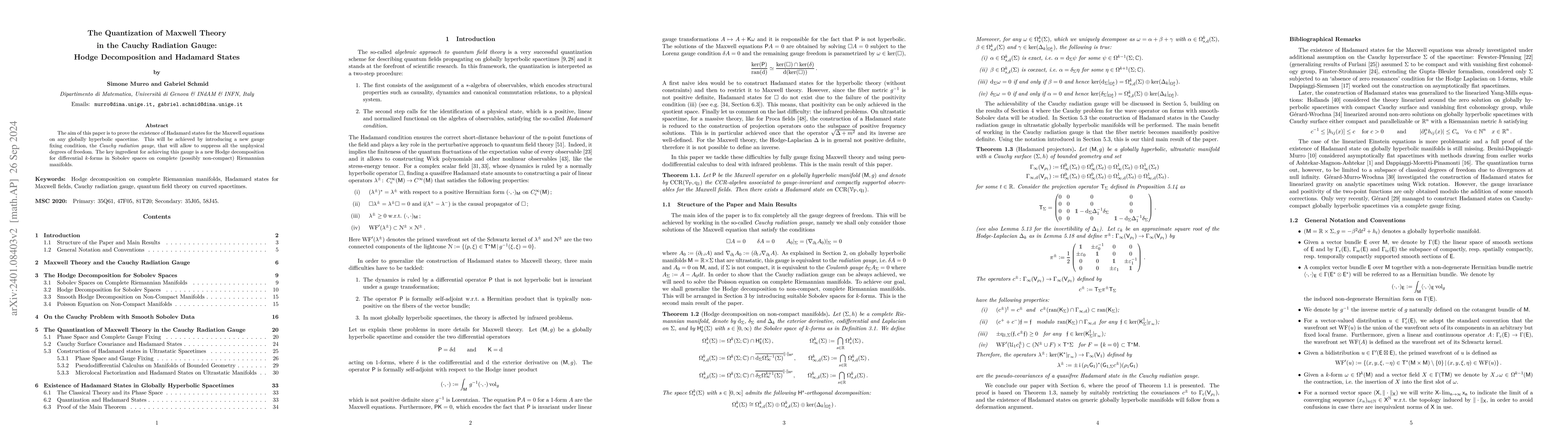 Thumbnail for The Quantization of Maxwell Theory in the Cauchy Radiation Gauge: Hodge
  Decomposition and Hadamard States