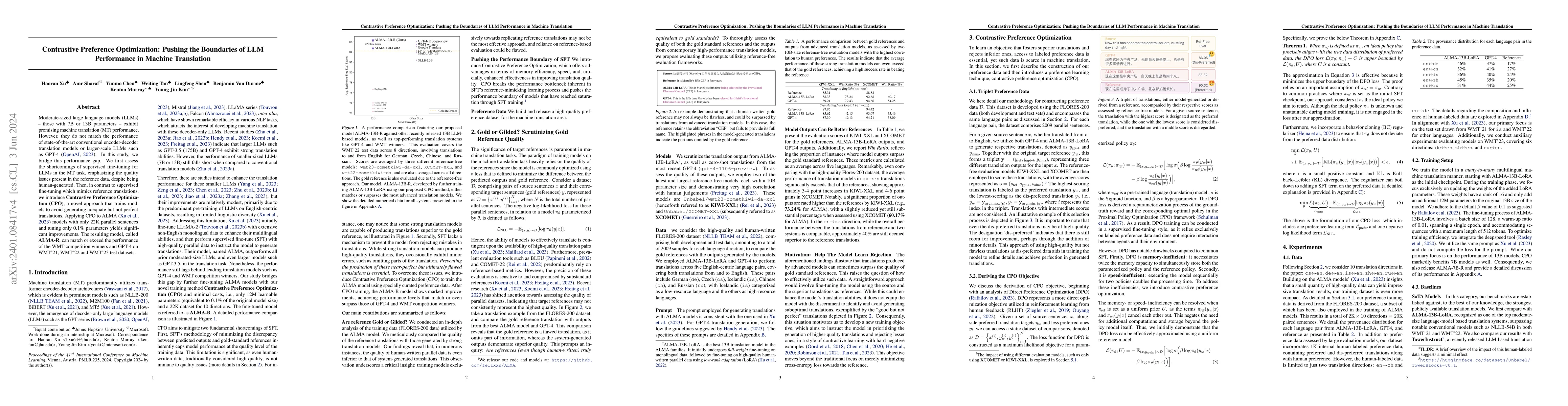 Thumbnail for Contrastive Preference Optimization: Pushing the Boundaries of LLM
  Performance in Machine Translation