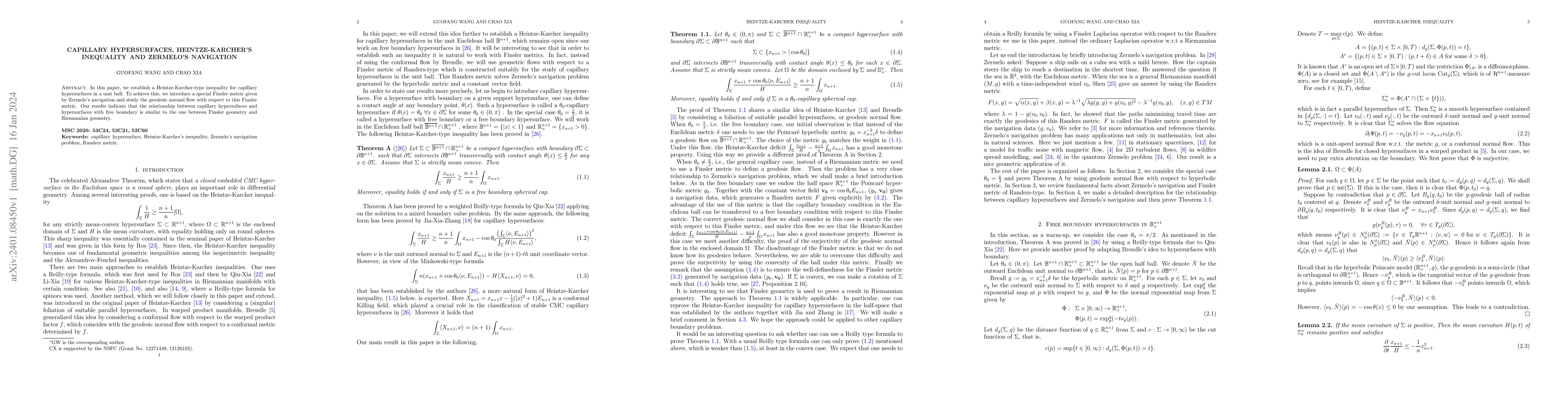 Thumbnail for Capillary hypersurfaces, Heintze-Karcher's inequality and Zermelo's
  navigation