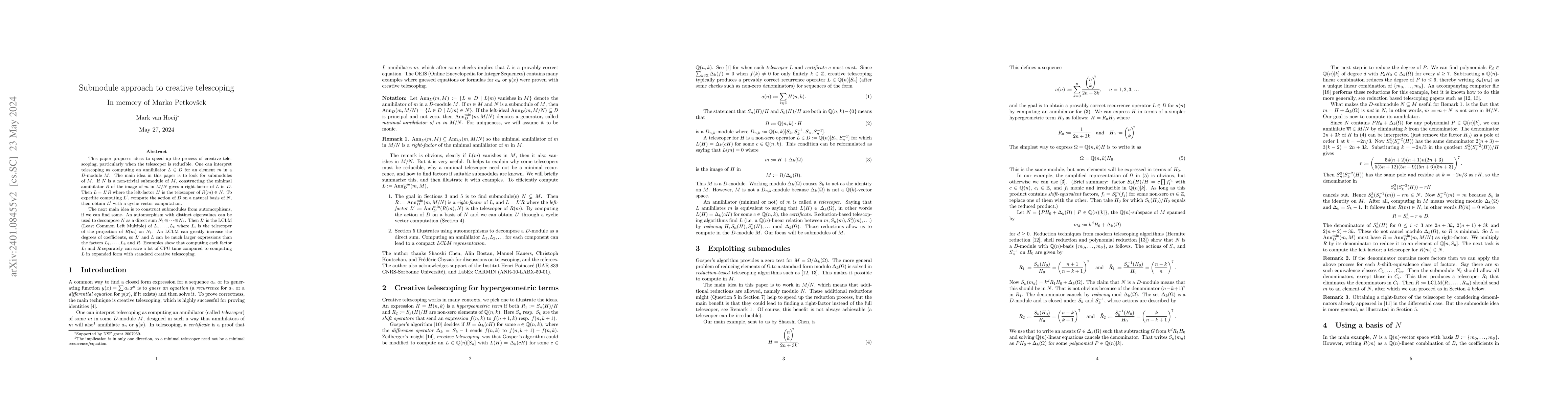Thumbnail for Submodule approach to creative telescoping