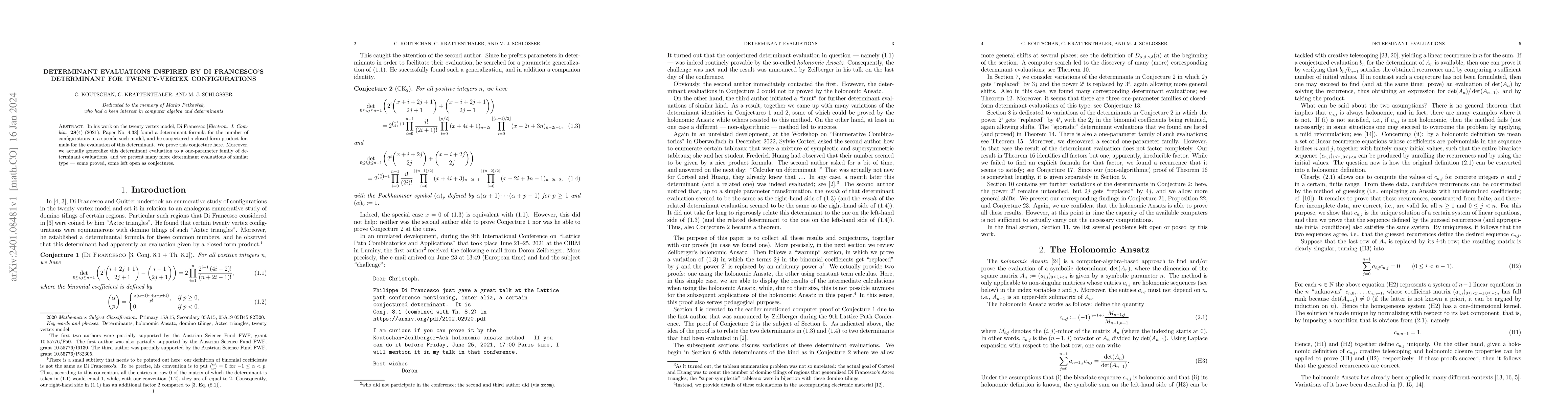 Thumbnail for Determinant evaluations inspired by Di Francesco's determinant for
  twenty-vertex configurations