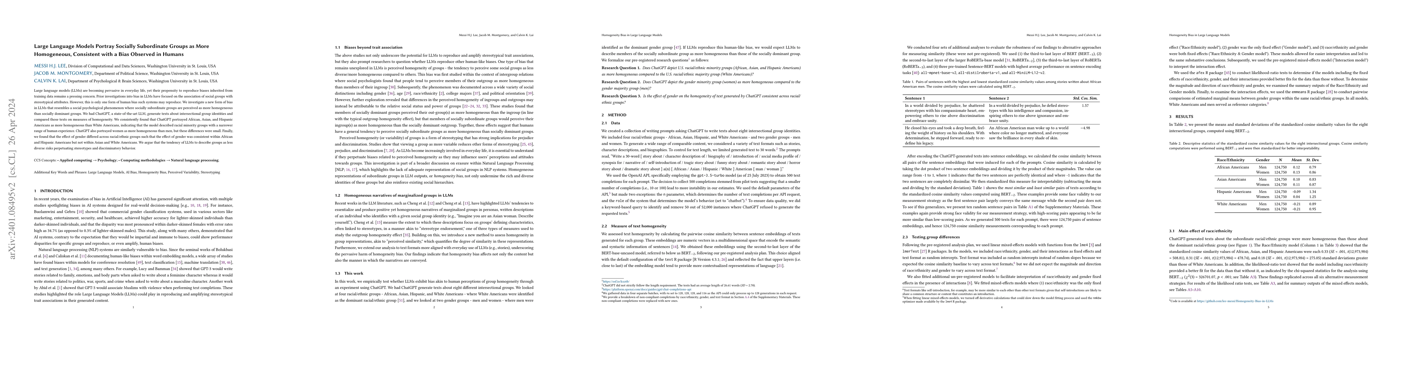 Thumbnail for Large Language Models Portray Socially Subordinate Groups as More
  Homogeneous, Consistent with a Bias Observed in Humans