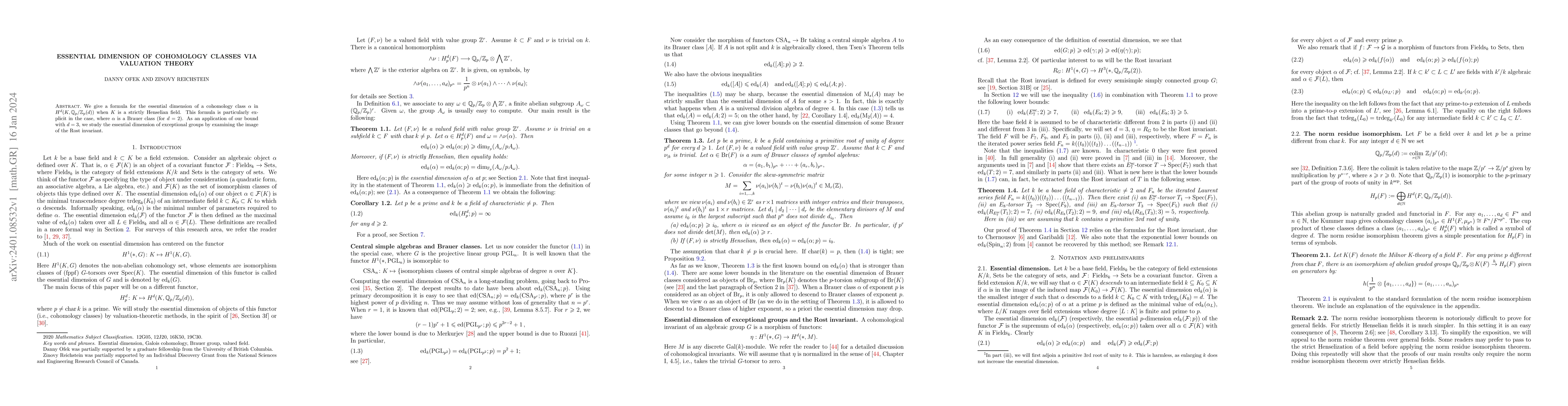 Thumbnail for Essential dimension of cohomology classes via valuation theory
