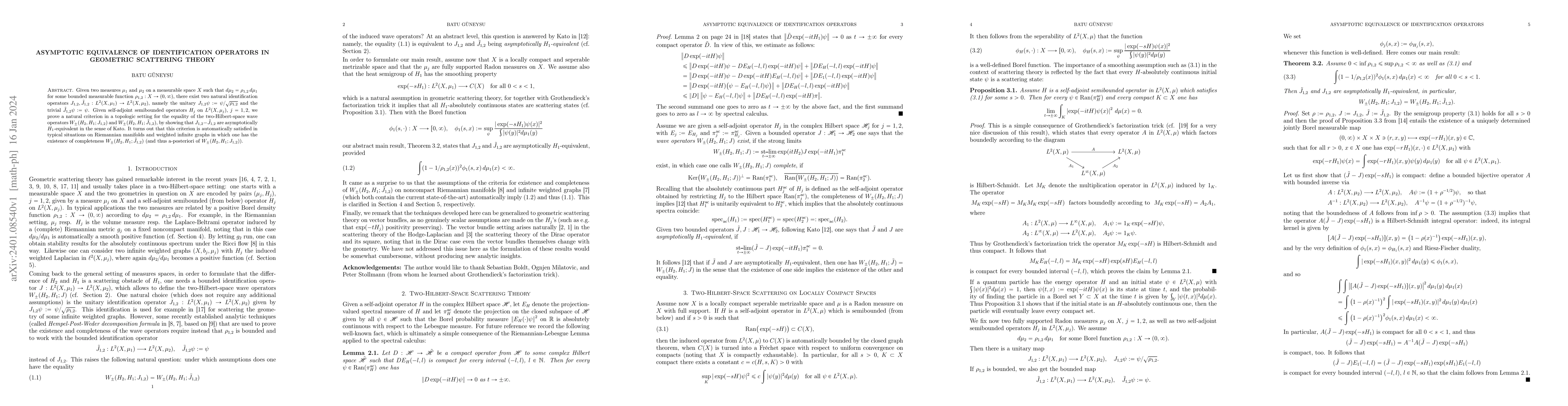 Thumbnail for Asymptotic Equivalence of Identification Operators in Geometric
  Scattering Theory