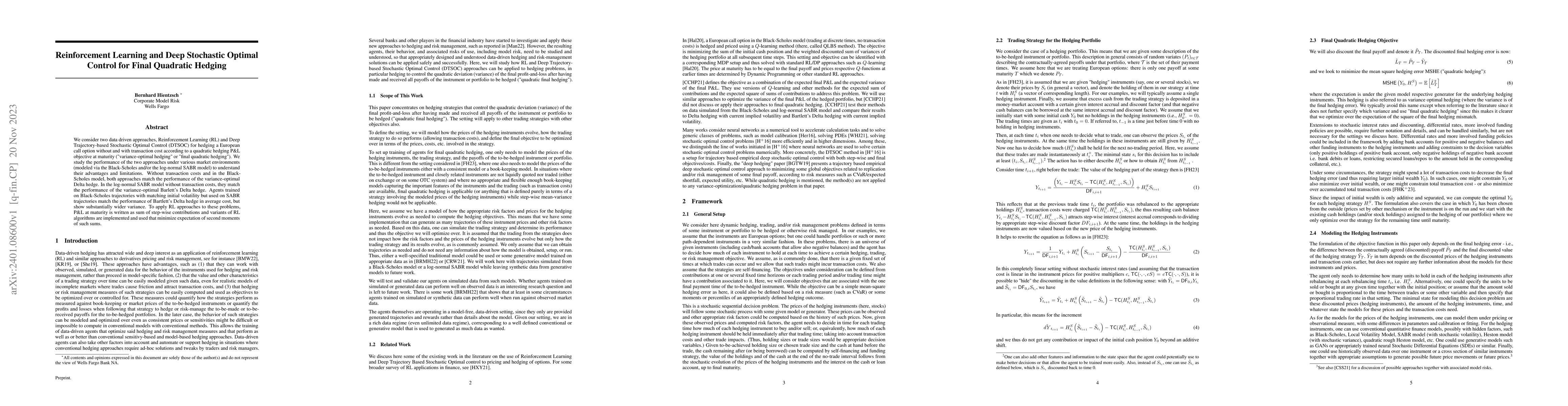 Thumbnail for Reinforcement Learning and Deep Stochastic Optimal Control for Final
  Quadratic Hedging