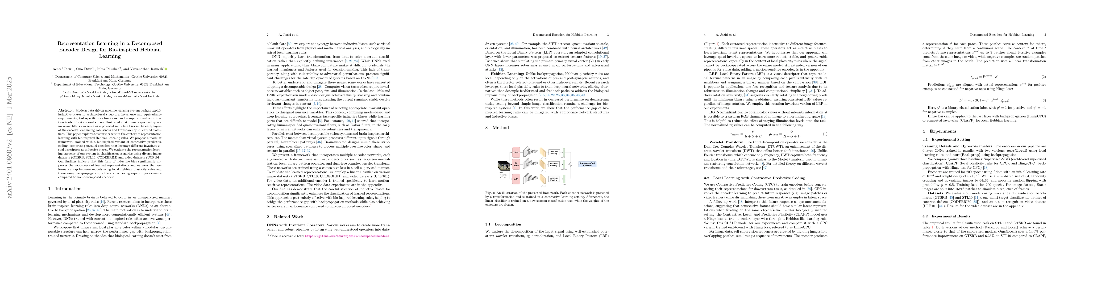 Thumbnail for Representation Learning in a Decomposed Encoder Design for Bio-inspired
  Hebbian Learning