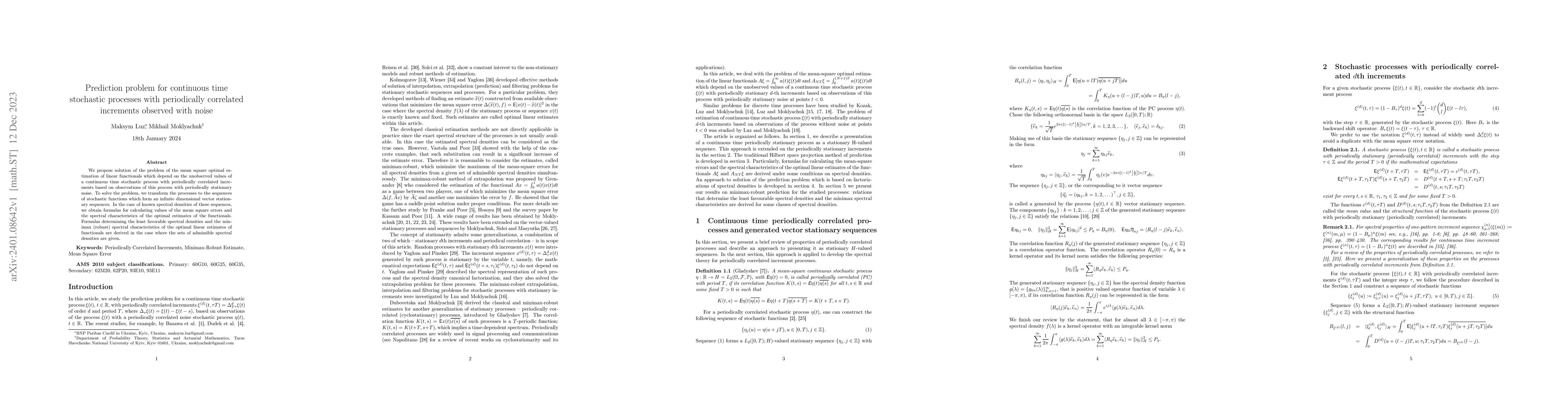 Thumbnail for Prediction problem for continuous time stochastic processes with
  periodically correlated increments observed with noise