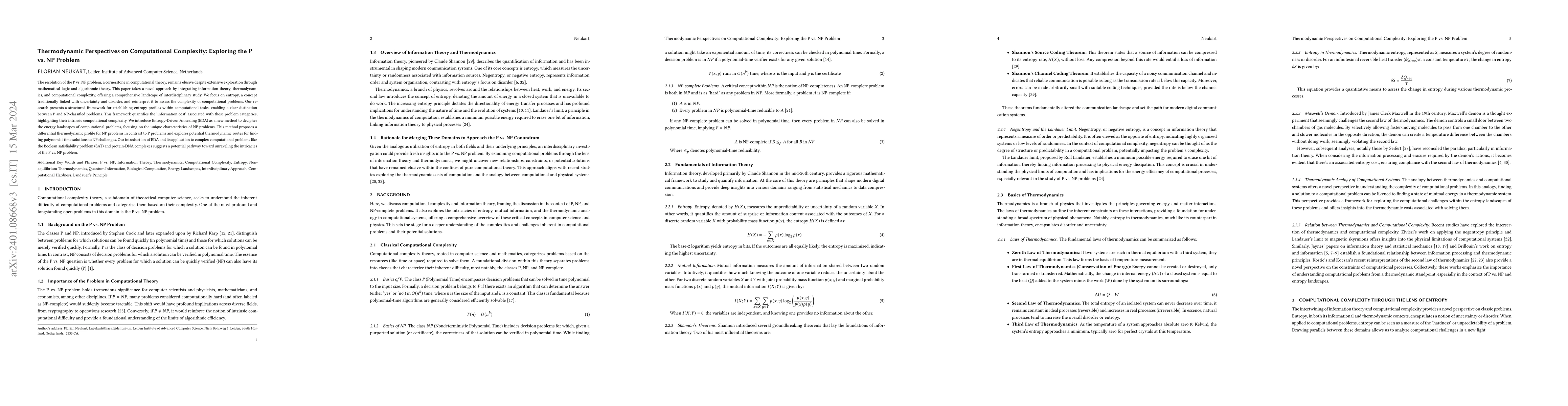 Thumbnail for Thermodynamic Perspectives on Computational Complexity: Exploring the P
  vs. NP Problem