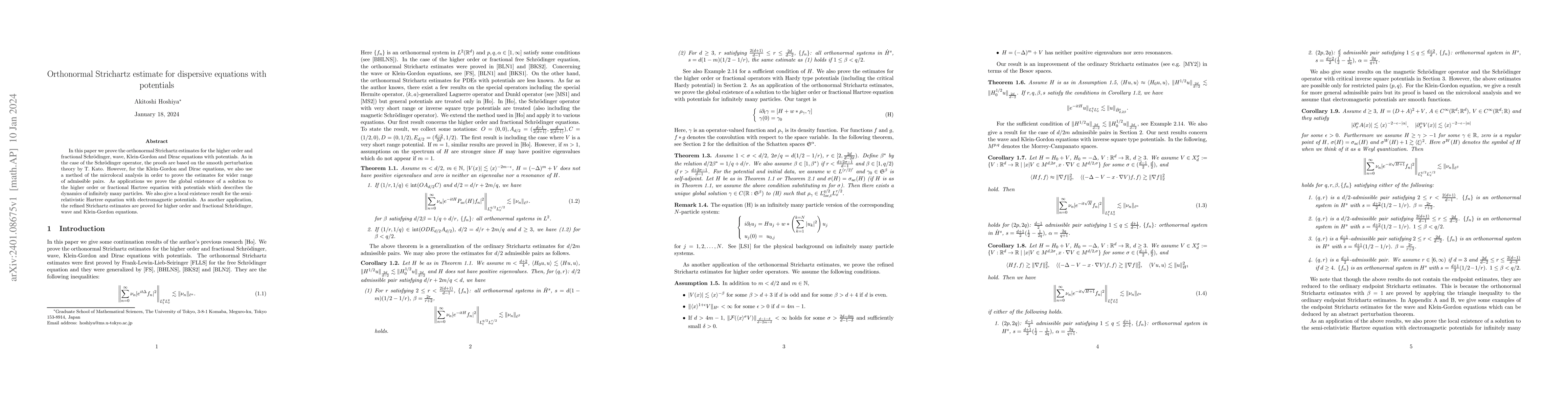Thumbnail for Orthonormal Strichartz estimate for dispersive equations with potentials