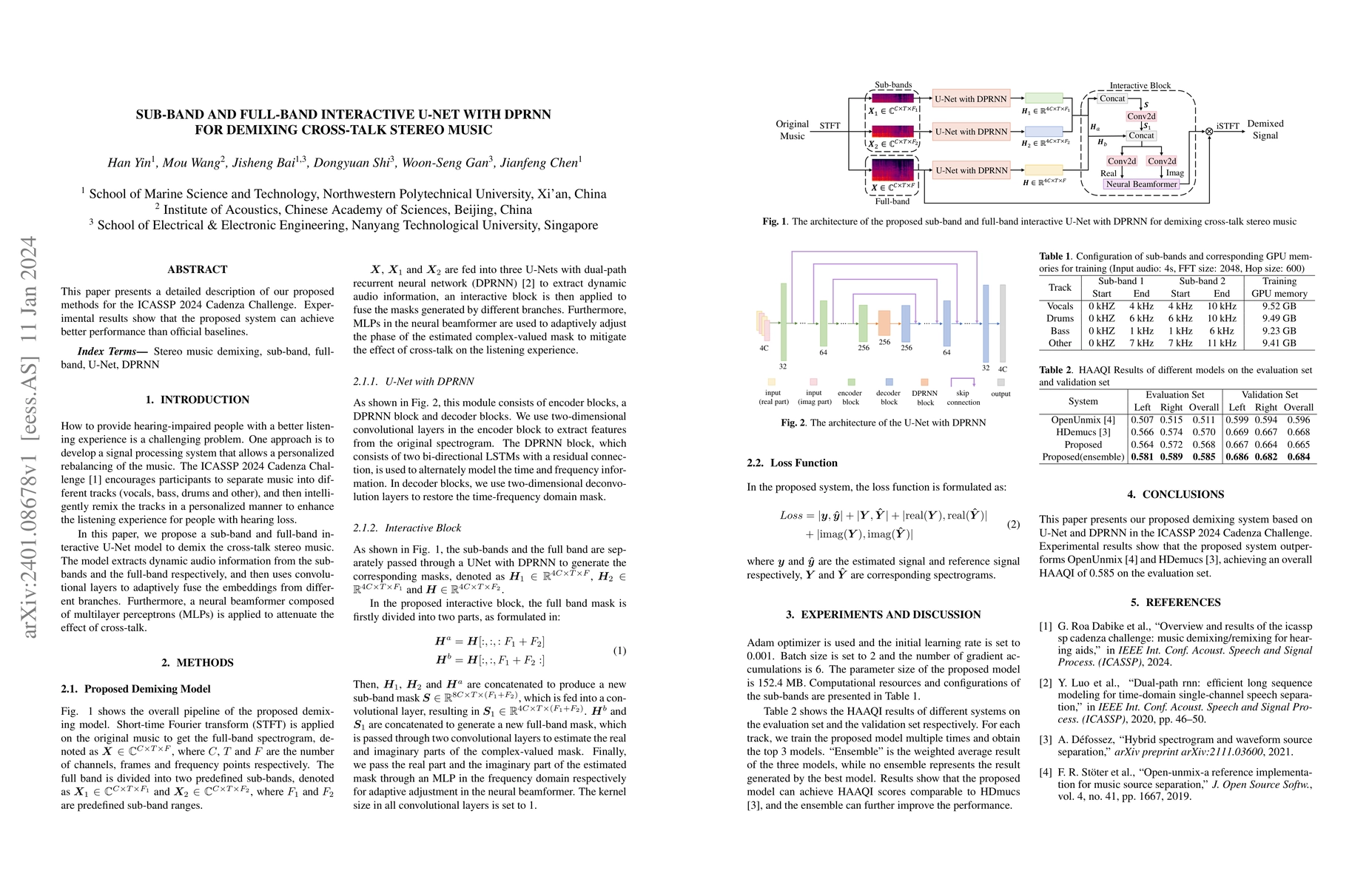 Thumbnail for Sub-band and Full-band Interactive U-Net with DPRNN for Demixing
  Cross-talk Stereo Music
