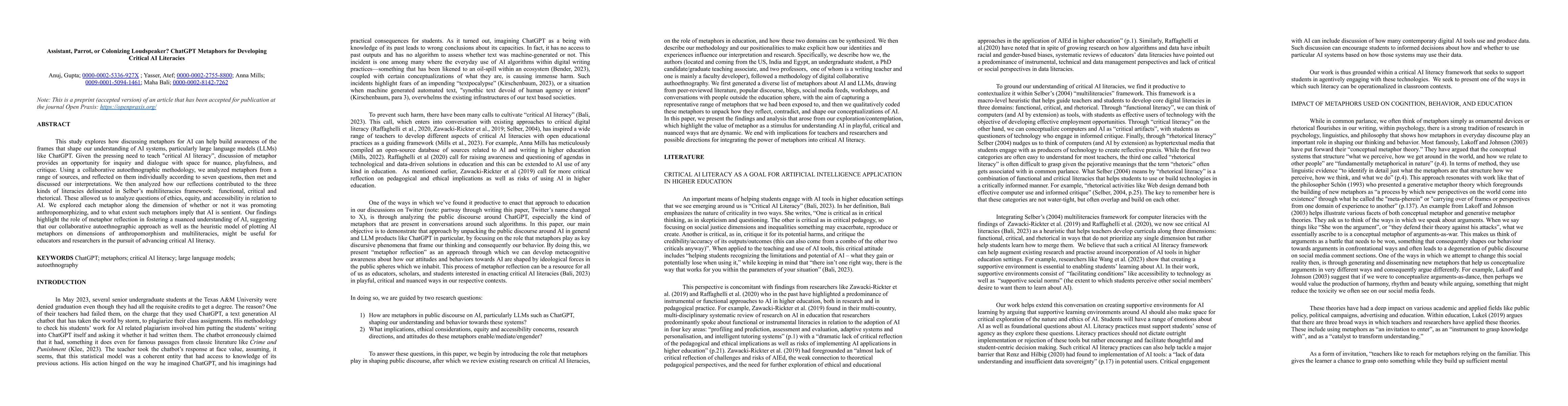 Thumbnail for Assistant, Parrot, or Colonizing Loudspeaker? ChatGPT Metaphors for
  Developing Critical AI Literacies