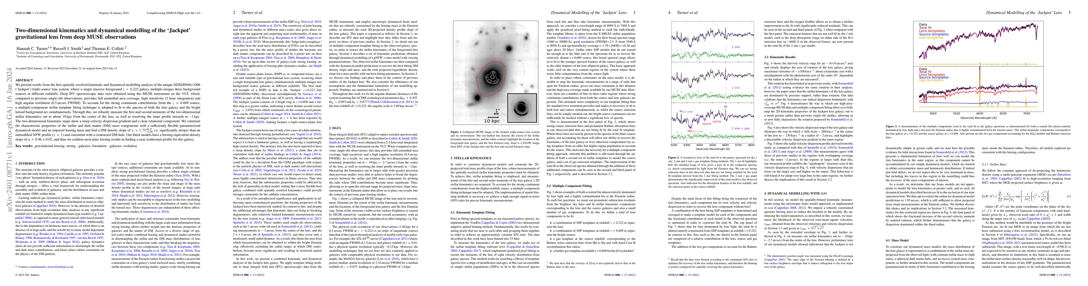 Thumbnail for Two-dimensional kinematics and dynamical modelling of the 'Jackpot'
  gravitational lens from deep MUSE observations