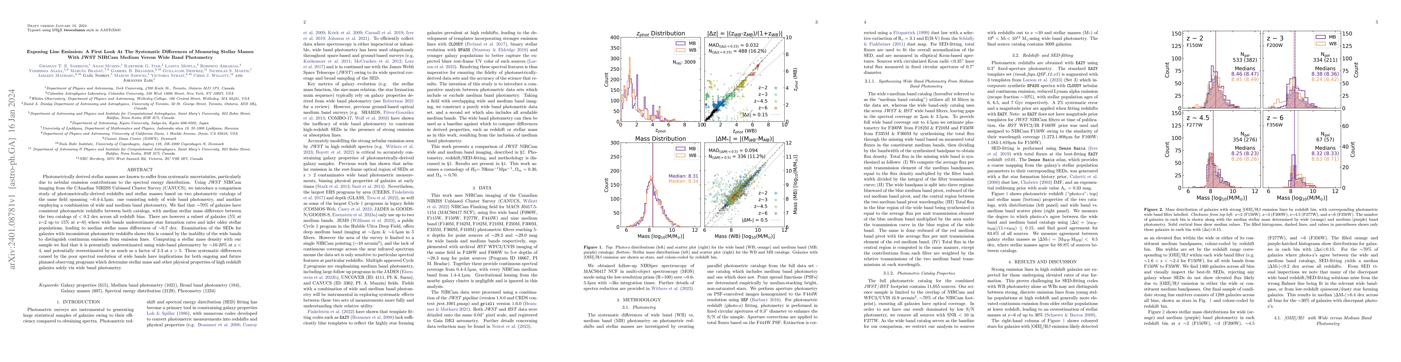 Thumbnail for Exposing Line Emission: A First Look At The Systematic Differences of
  Measuring Stellar Masses With JWST NIRCam Medium Versus Wide Band Photometry