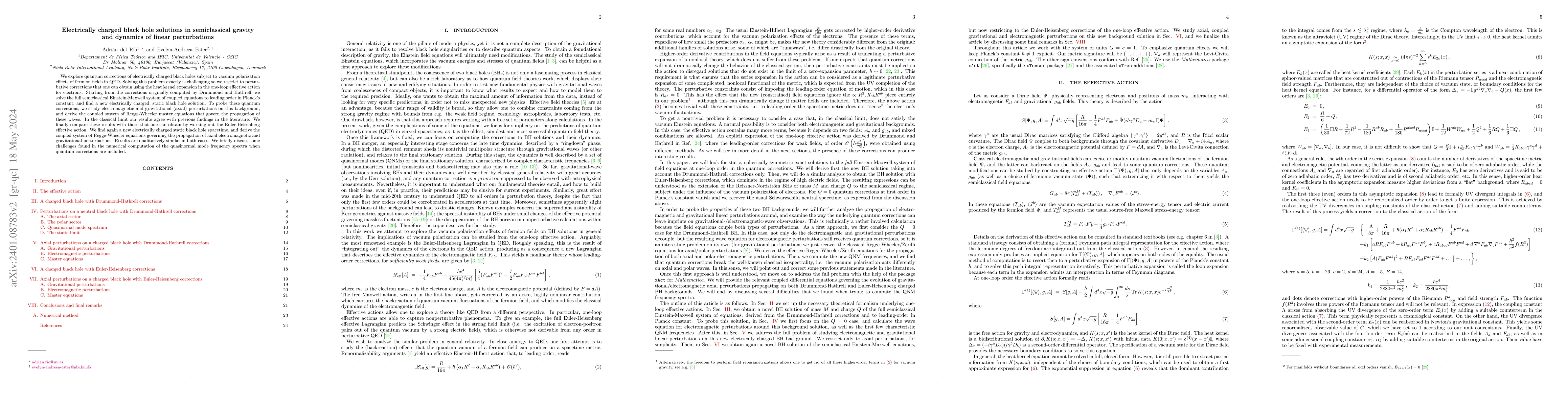 Thumbnail for Electrically charged black hole solutions in semiclassical gravity and
  dynamics of linear perturbations