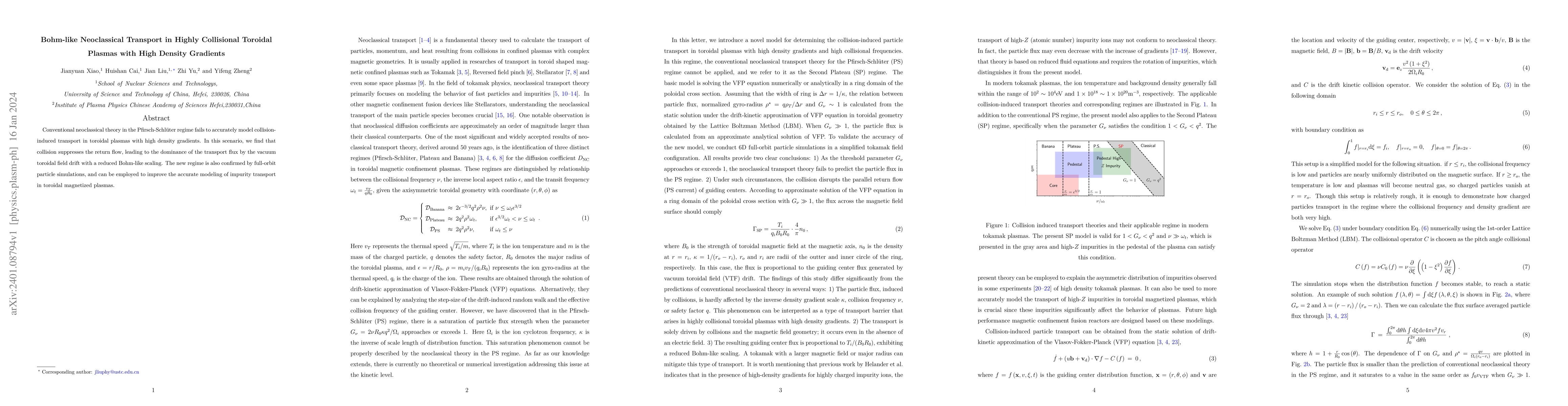 Thumbnail for Bohm-like Neoclassical Transport in Highly Collisional Toroidal Plasmas
  with High Density Gradients
