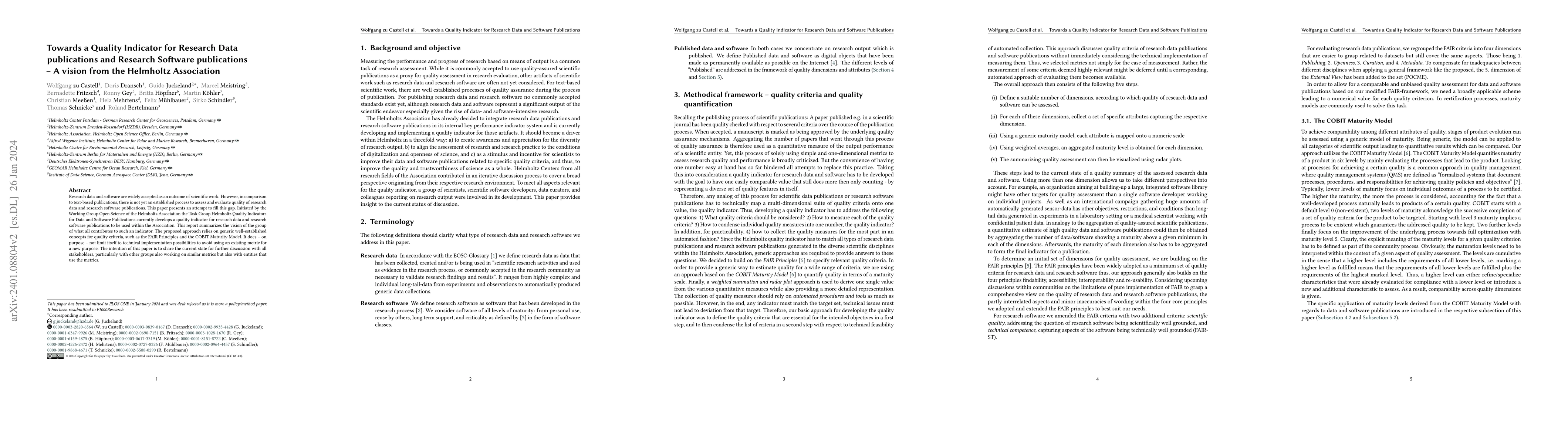 Thumbnail for Towards a Quality Indicator for Research Data publications and Research
  Software publications -- A vision from the Helmholtz Association