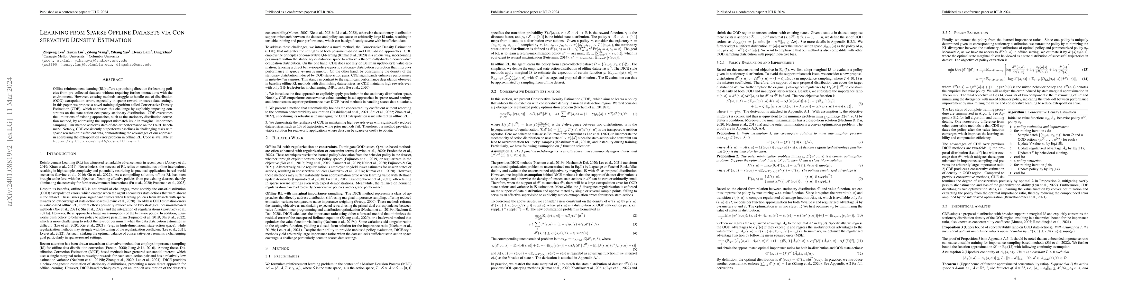 Thumbnail for Learning from Sparse Offline Datasets via Conservative Density
  Estimation