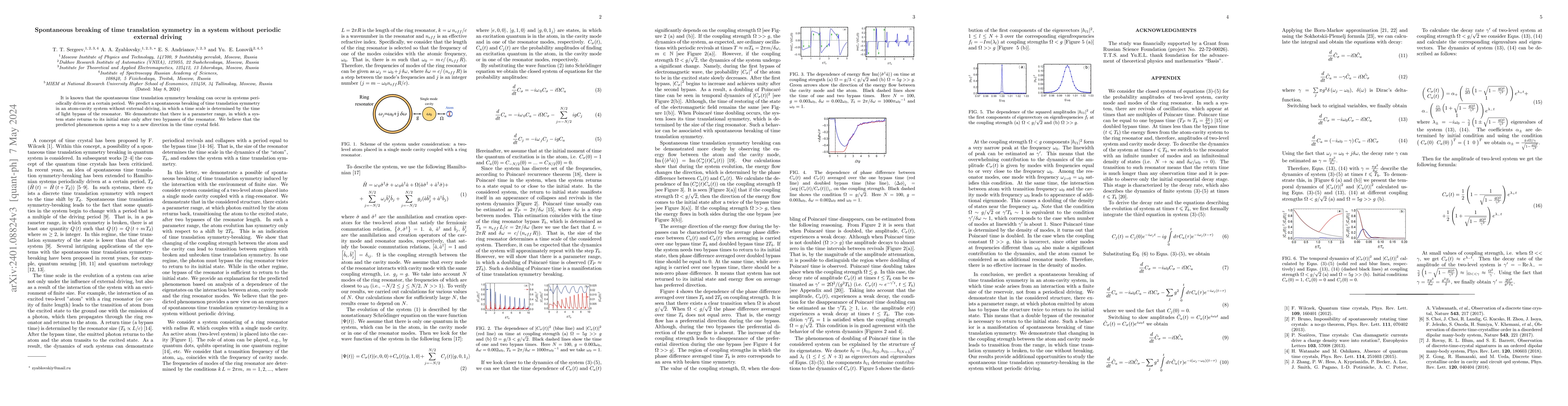 Thumbnail for Spontaneous breaking of time translation symmetry in a system without
  periodic external driving