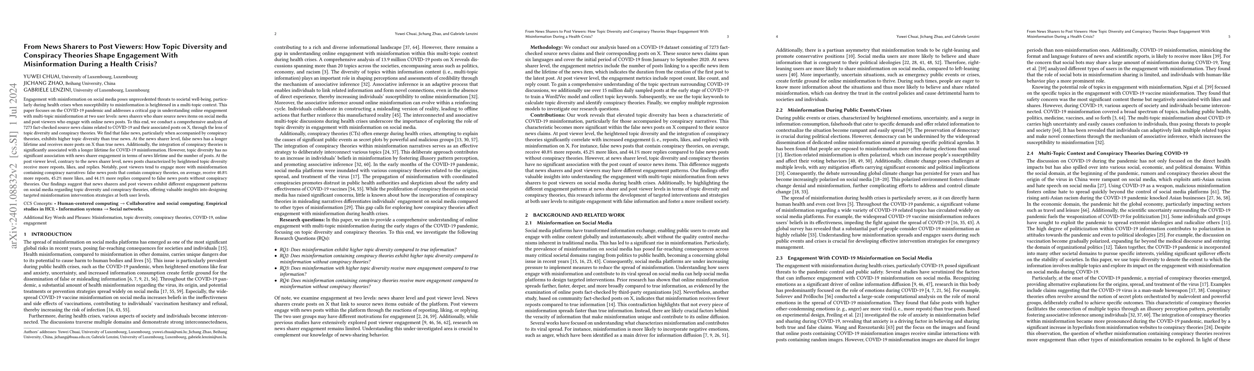 Thumbnail for From News Sharers to Post Viewers: How Topic Diversity and Conspiracy
  Theories Shape Engagement With Misinformation During a Health Crisis?