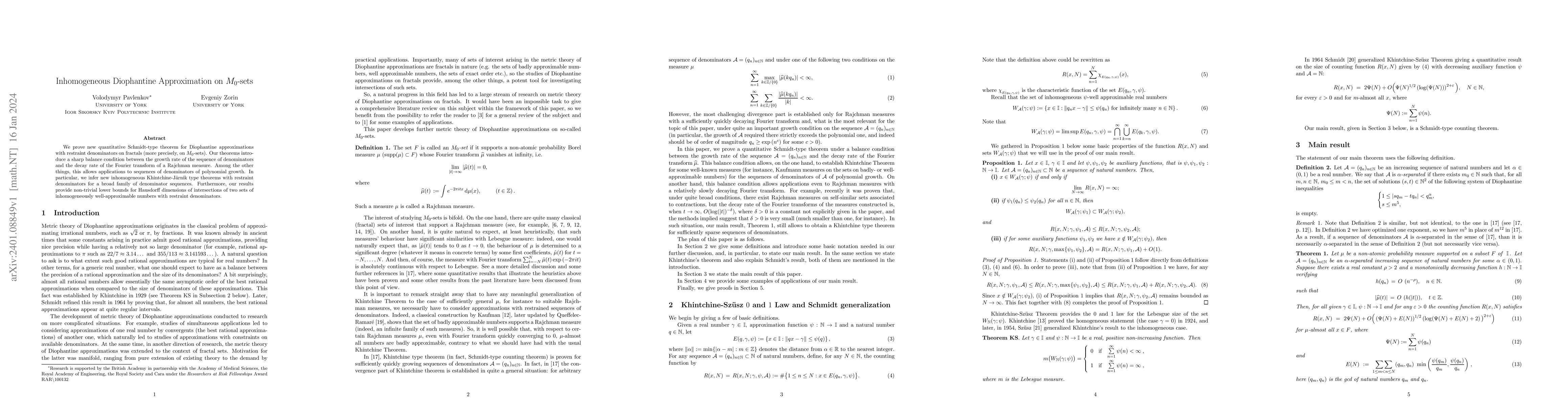 Thumbnail for Inhomogeneous Diophantine Approximation on $M_0$-sets