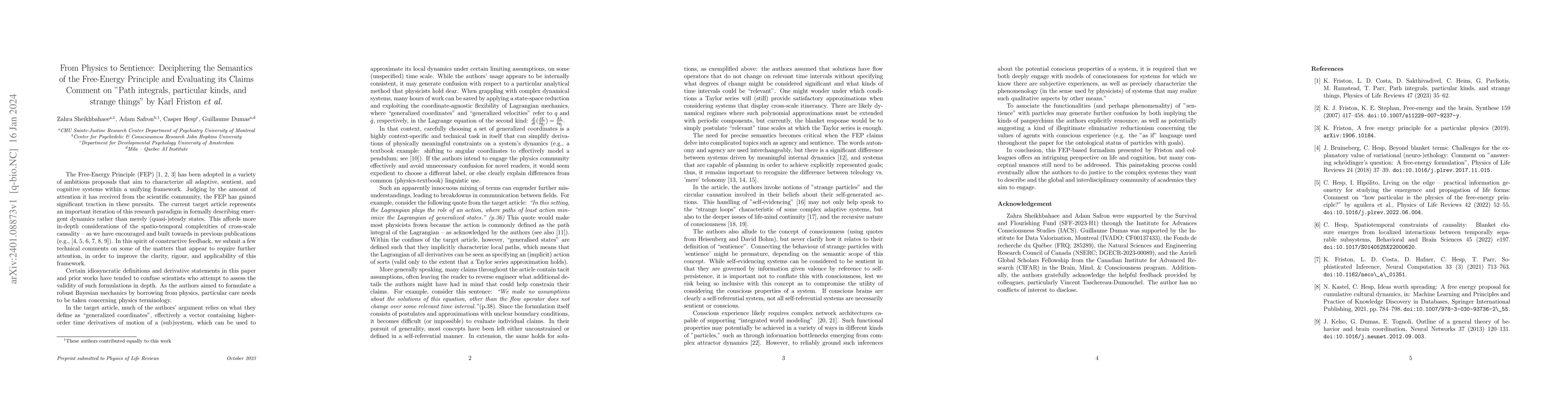 Thumbnail for From Physics to Sentience: Deciphering the Semantics of the Free-Energy
  Principle and Evaluating its Claims