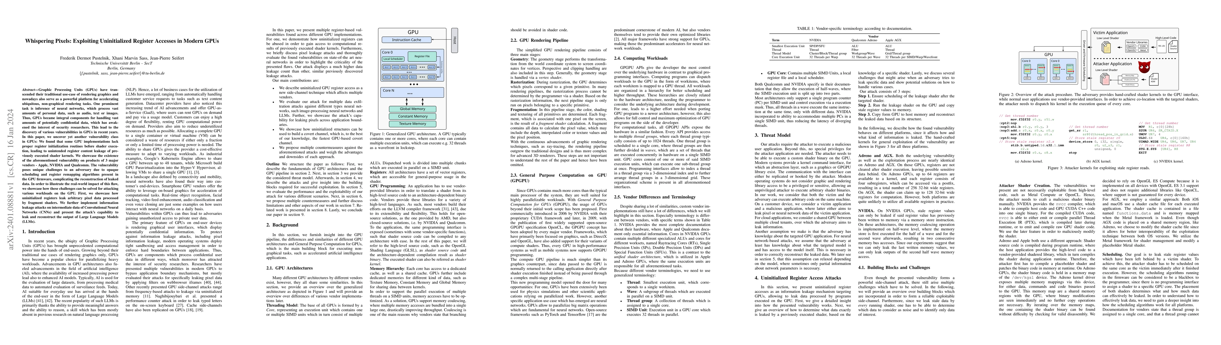 Thumbnail for Whispering Pixels: Exploiting Uninitialized Register Accesses in Modern
  GPUs