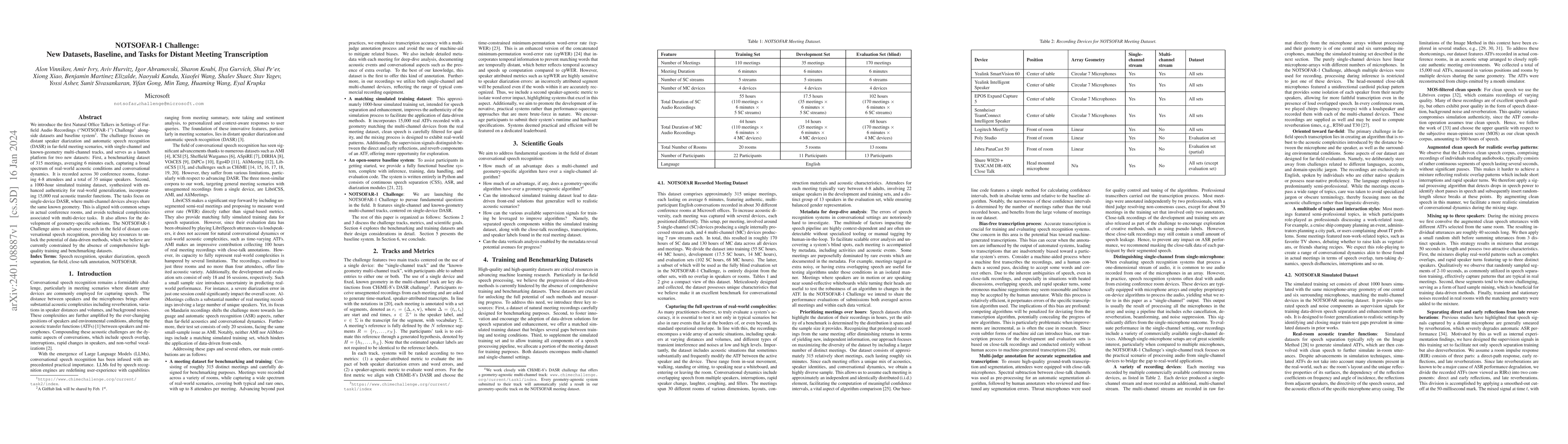 Thumbnail for NOTSOFAR-1 Challenge: New Datasets, Baseline, and Tasks for Distant
  Meeting Transcription