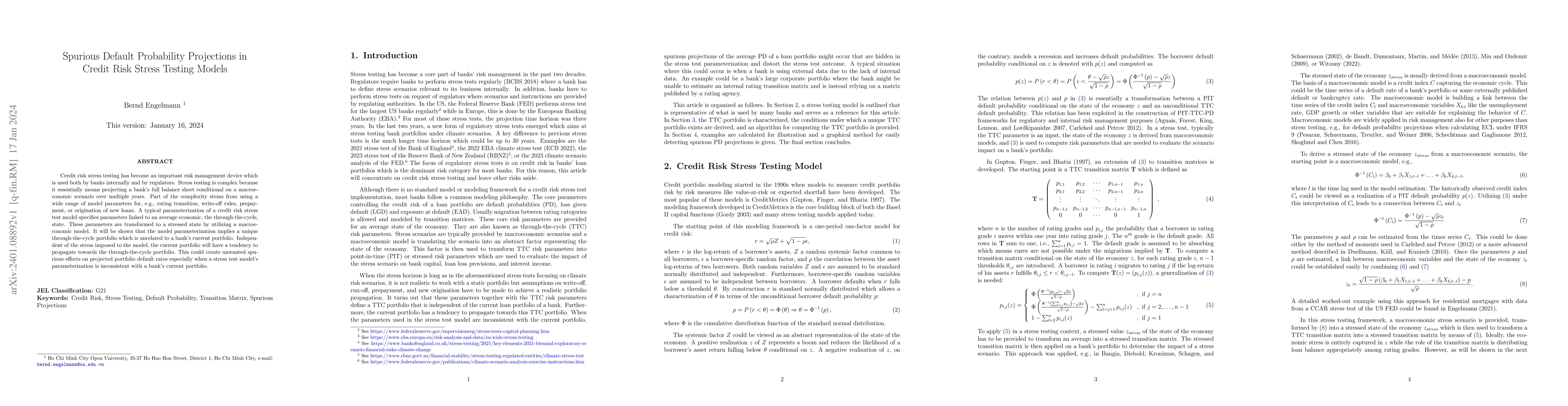 Thumbnail for Spurious Default Probability Projections in Credit Risk Stress Testing
  Models