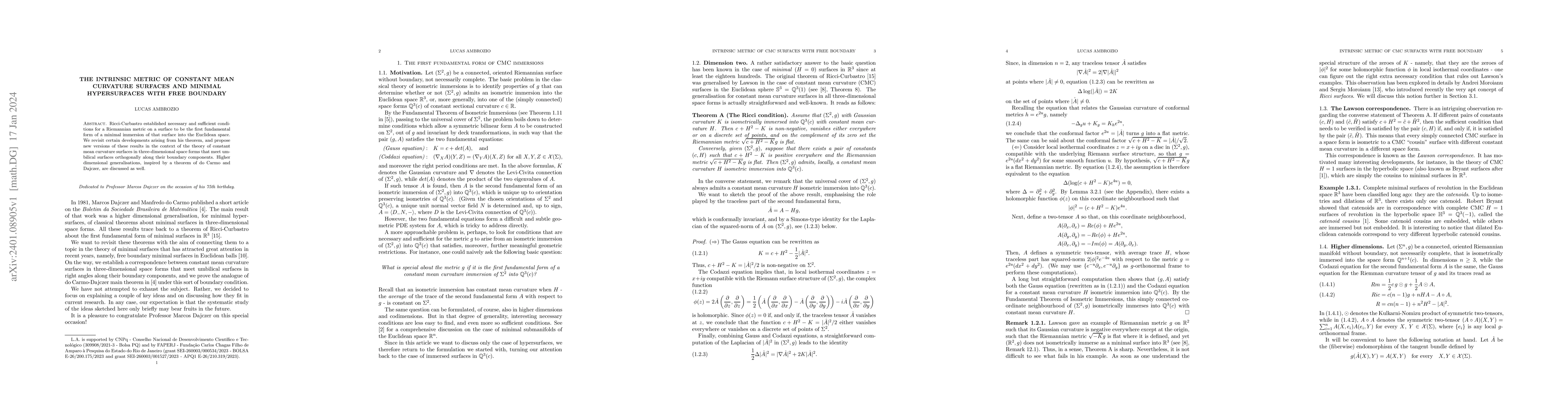 Thumbnail for The intrinsic metric of constant mean curvature surfaces and minimal
  hypersurfaces with free boundary