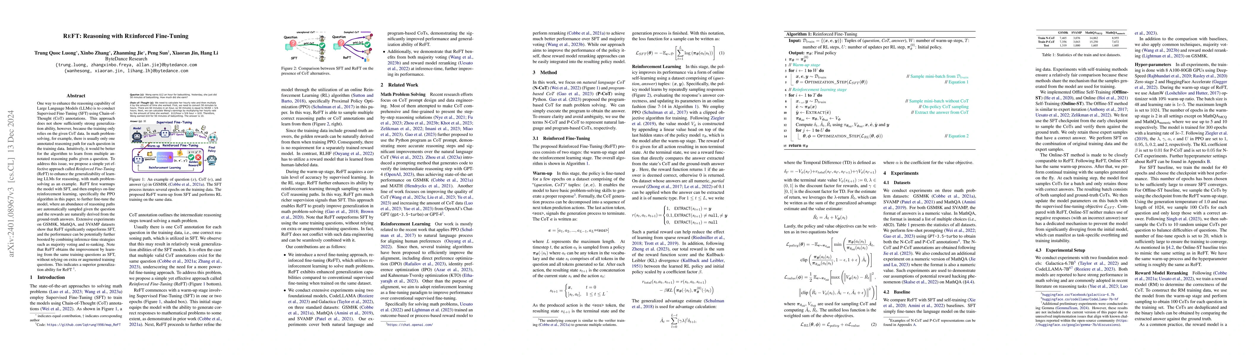 Thumbnail for ReFT: Reasoning with Reinforced Fine-Tuning