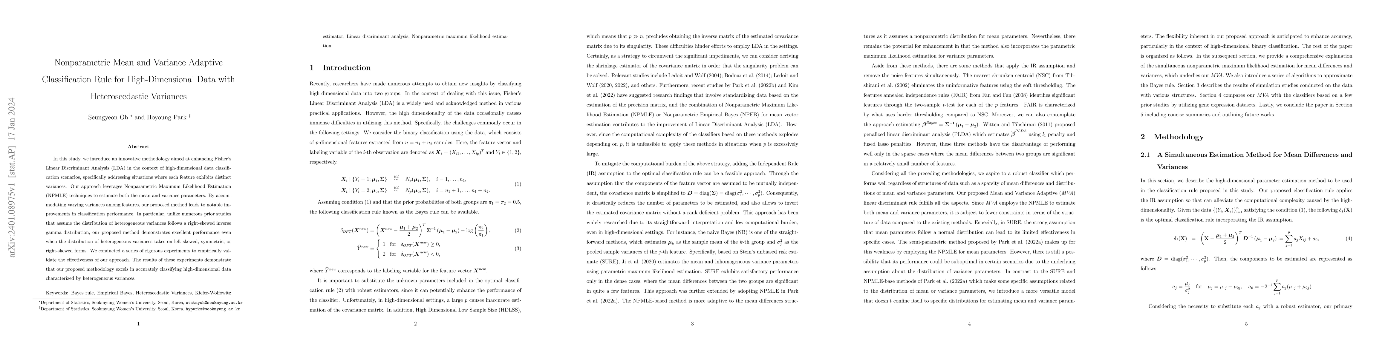 Thumbnail for Nonparametric Mean and Variance Adaptive Classification Rule for
  High-Dimensional Data with Heteroscedastic Variances