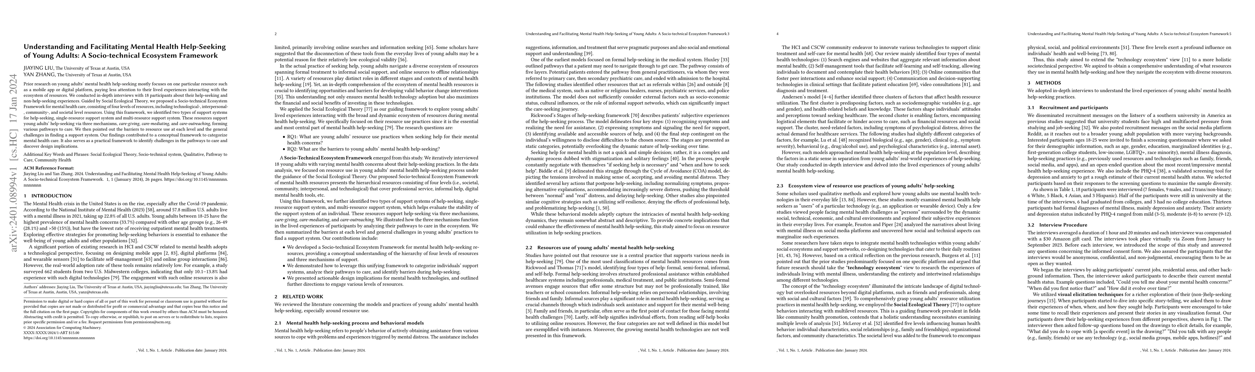Thumbnail for Understanding and Facilitating Mental Health Help-Seeking of Young
  Adults: A Socio-technical Ecosystem Framework